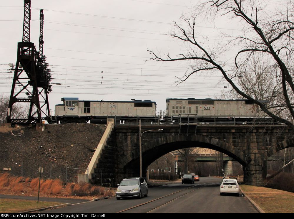 AMTK 575, 523 on a work train